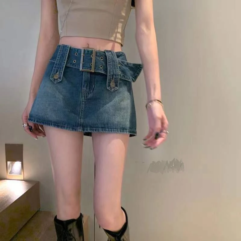 Винтажные джинсовые юбки в стиле Харадзюку с поясом ретро 1920-х годов Y2K джинсовая