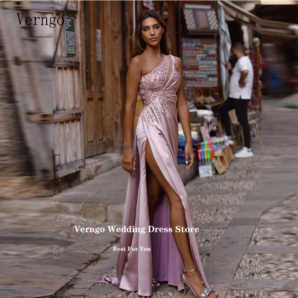 

Verngo Modern One Shoulder Dusty Pink Prom Dresses Dubai Shiny Sequin Beads Split Sexy Evening Gowns Party Formal Occasion Dress