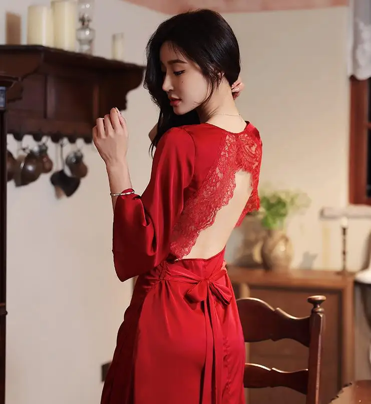 Spring Bridal Robes Satin Morning Gown Sexy Back Hollow Lace Pajamas Wedding Dress Long Burgundy Popular Silk Summer Bride Gowns