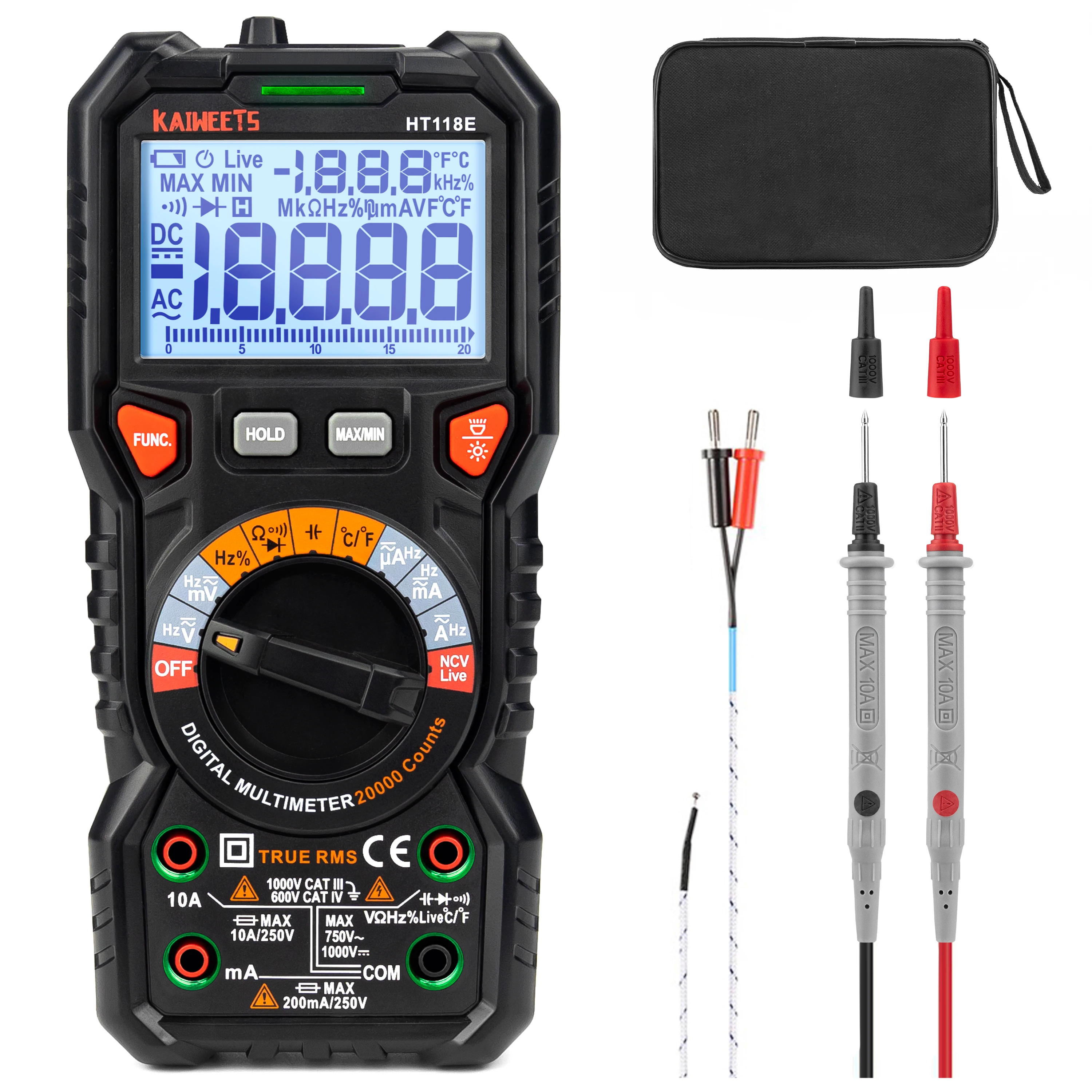 20000 Counts HT118E Digital Multimeter Auto Range Accurately Measures 1000V 10A AC DC Ohm Hz NCV Live Voltage Temperature Meter