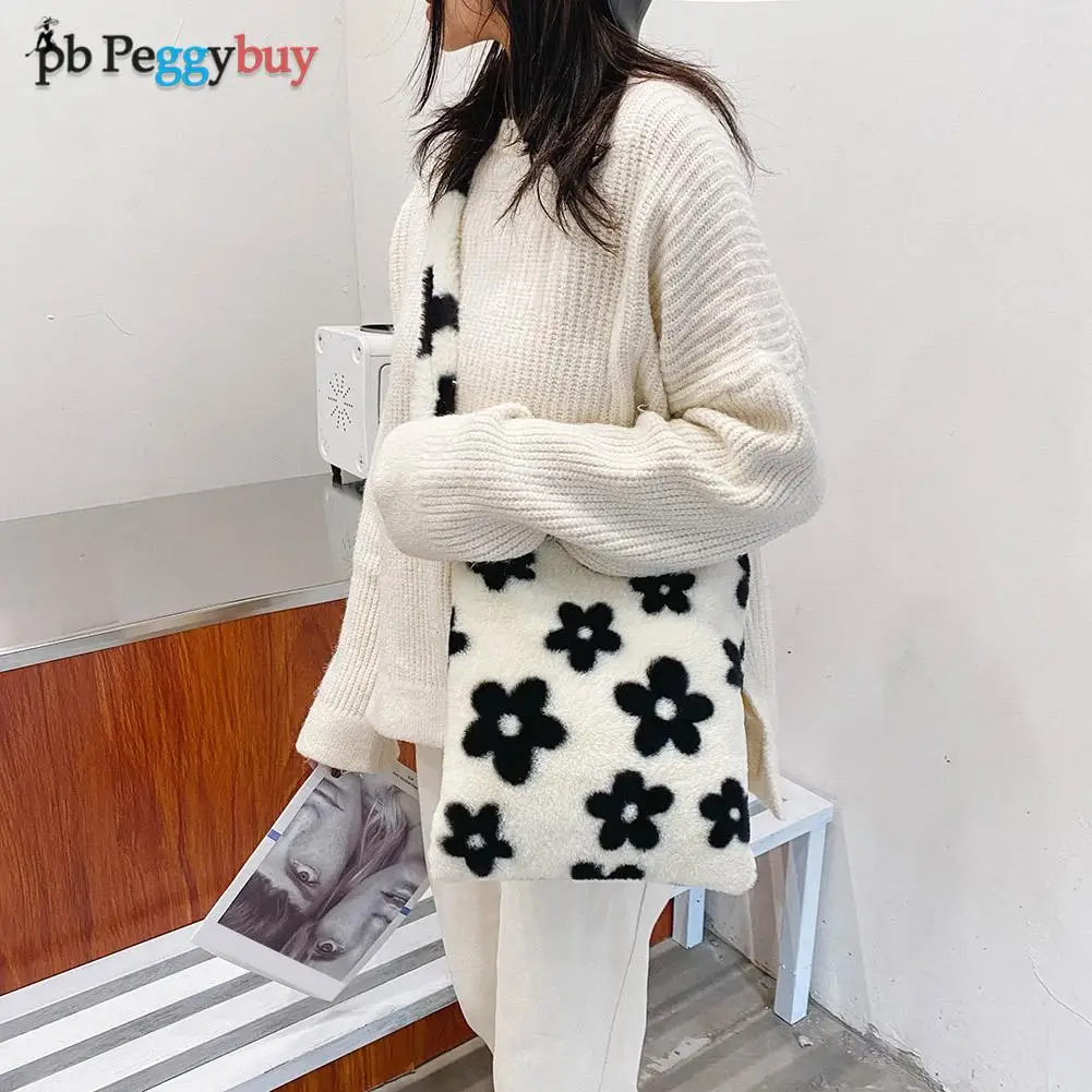 

Casual Flower Printed Shoulder Crossbody Bag Autumn Women Plush Soft Fluffy Handbag Street Travel Large Capacity Clutch Tote Bag