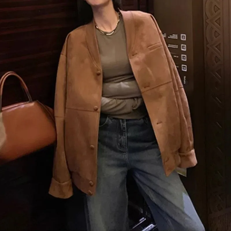 Винтажная повседневная куртка свободного кроя из замши топ для женщин осенний