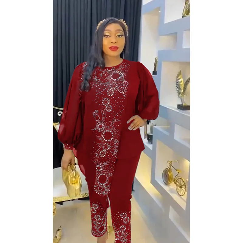 

2 Piece Set Women Clothes Dashiki Diamond African Tops And Pants Trousers Suits 2022 Plus Size Party Clothing for Lady Outfits
