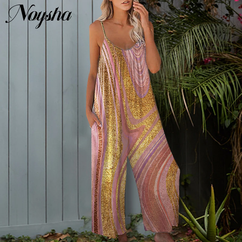 

2023 Summer Beach Jumpsuit Ladies Street Casual Suspender Vest One-piece Pants Vintage Printed V-Neck Sleeveless Long Jumpsuit
