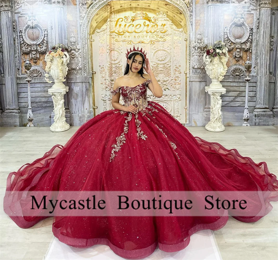 

Burgundy Lace Quinceanera Dresses Ball Gown 2023 Off Shoulder Beaded Appliques Sweet 16 Dress Lace-up Vestido 15 Años Princesa