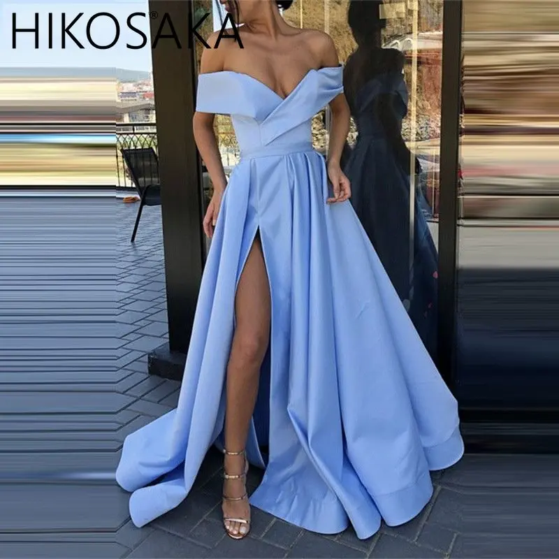 

Sexy Deep V Neck Long Party Dress Solid Elegant Sleeveless High Slit Dress Lady Fashion Off Shoulder Pleated Maxi Dress Vestido
