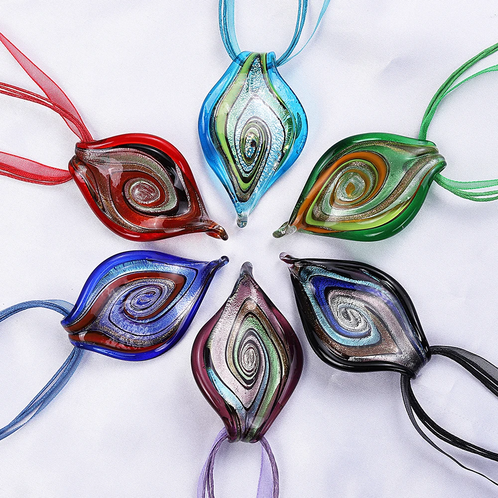 

QianBei Fashion Wholesale 6Pcs handmade Murano Lampwork Glass Mixed Color Leaves Inside Pendants Charms Necklaces New