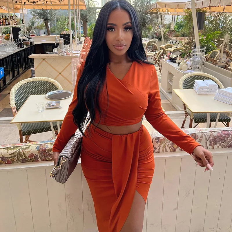 

O Neck Long Sleeve Bandage Slit Female Sexy Long Skirt Crop Top Asymmetrical Skirt 2 Pcs Set Women Fall Vacation Party Outfi