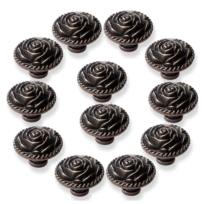

Vintage Rose Cabinet Knobs, Antique Bronze Cupboard Dresser Door Pull Zinc Alloy Knob Flower Drawer Handles With Screws