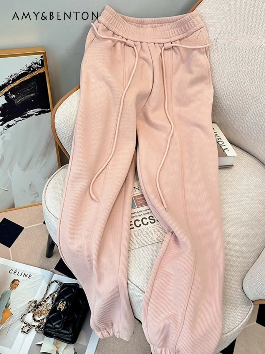 Fleece-Lined Popular Hot-Selling Pants High Waist Casual Sweatpants Autumn and Winter Women's All-matching Pink Loose Trousers