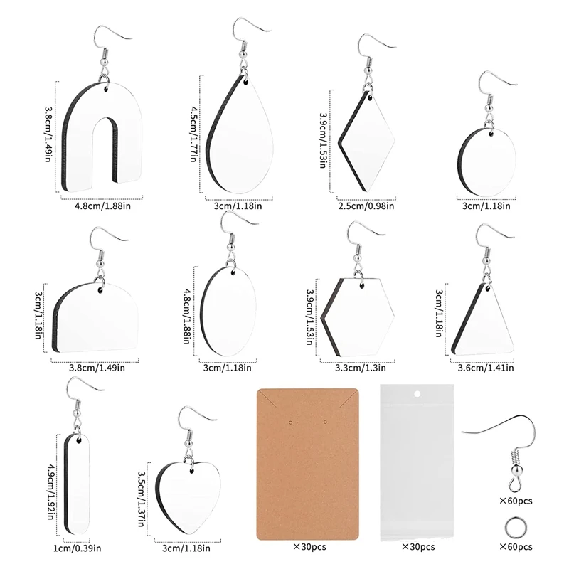 

New 60 Dye Sublimation Blank Products, Dye Sublimation Earring Blank Pendants, 10 Shapes With Earring Hooks And Jump Rings