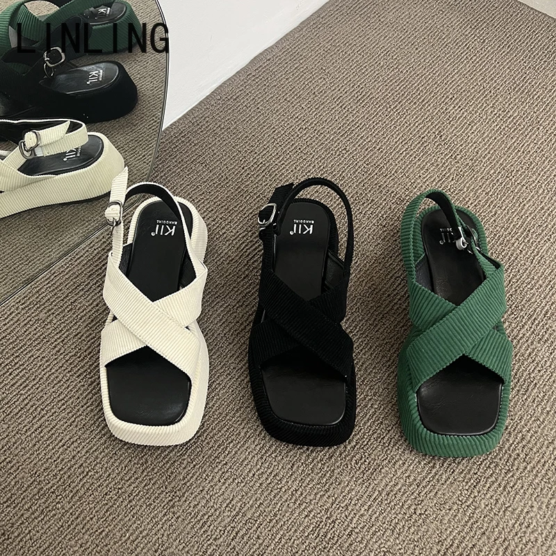 

2022 Summer Platform Shoes Gladiator Women Cross Sandals Fashion Ladies Outdoor Beach Ankle Strap Flats Heel