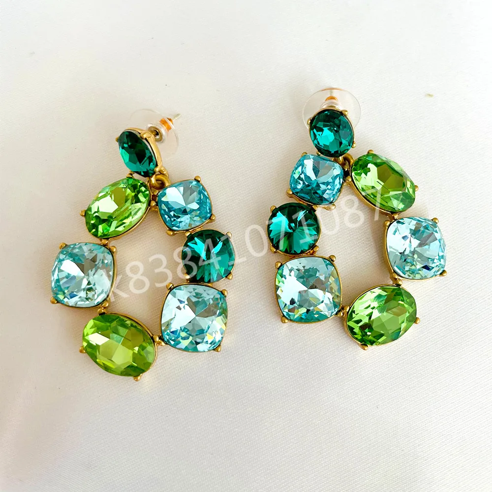 Женские украшения, Роскошные позолоченные серьги-гвоздики, подвесные необычные дизайнерские украшения с зелеными и синими кристаллами, по...