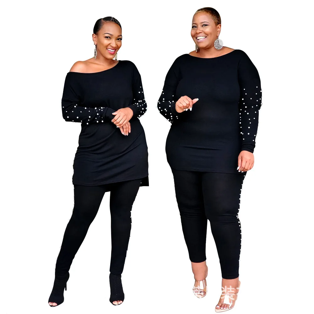 Plus Size Women Clothing Solid Color Long Sleeve Fashionable Bubble Bead Round Neck Top Casual Trousers Two-piece Suit Slim Fit