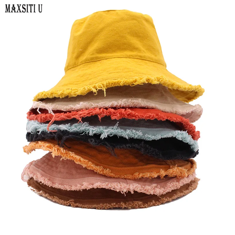 MAXSITIU Cotton Fringed Fisherman Cap Soft Aluminum Wire Shape Water Wash Bucket Hat Women's Four Seasons Solid Outing Basin Hat