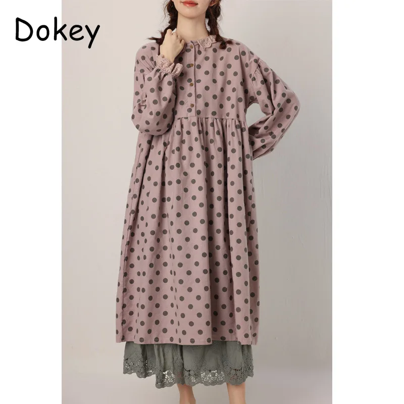 

Japanese Mori Girl Dot Print Long Dress Women Autumn Sweet Vintage Doll Collar Patchwork Puff Sleeve Cotton Linen Loose Sundress