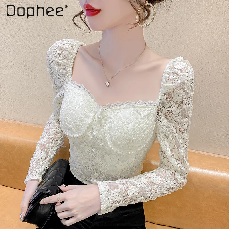

Sexy Beaded Square Neck Slim Lace Bottoming Shirt for Women 2022 Spring New Elegant Woman's Puff Long Sleeve Blouse Tops Mujer
