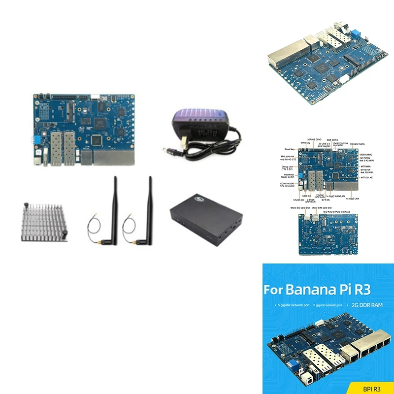 

Макетная плата для маршрутизатора Banana PI BPI R3 + Фотосессия + раковина + антенны + питание MT7986 2G + 8G EMMC 2 SFP 2.5Gbe 5Gbe, синий комплект, вилка стандарта США