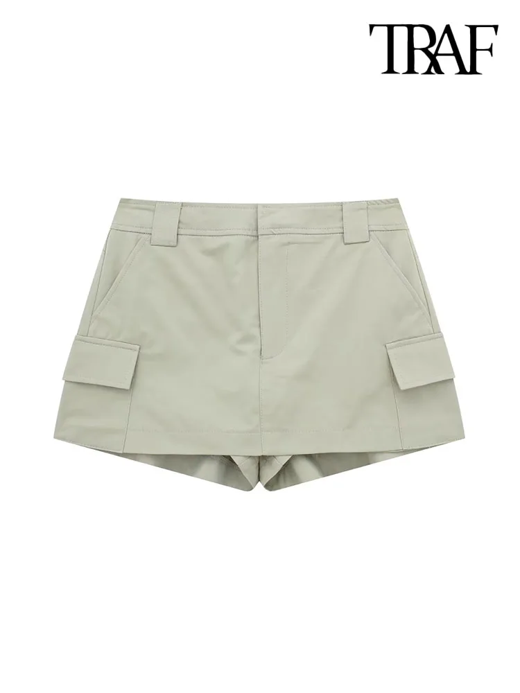 

TRAF Women Fashion With Pockets Shorts Skirts Vintage Mid Waist Zipper Fly Female Skort Mujer