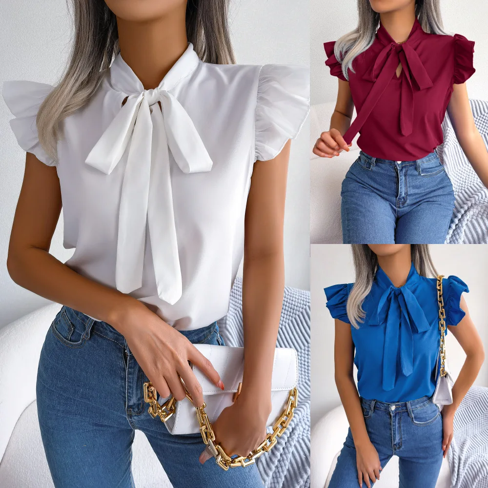 

Spring and Summer Temperament Commuting Auricularia Lace up Bow Tie Chiffon Shirt blouse women women tops corset top