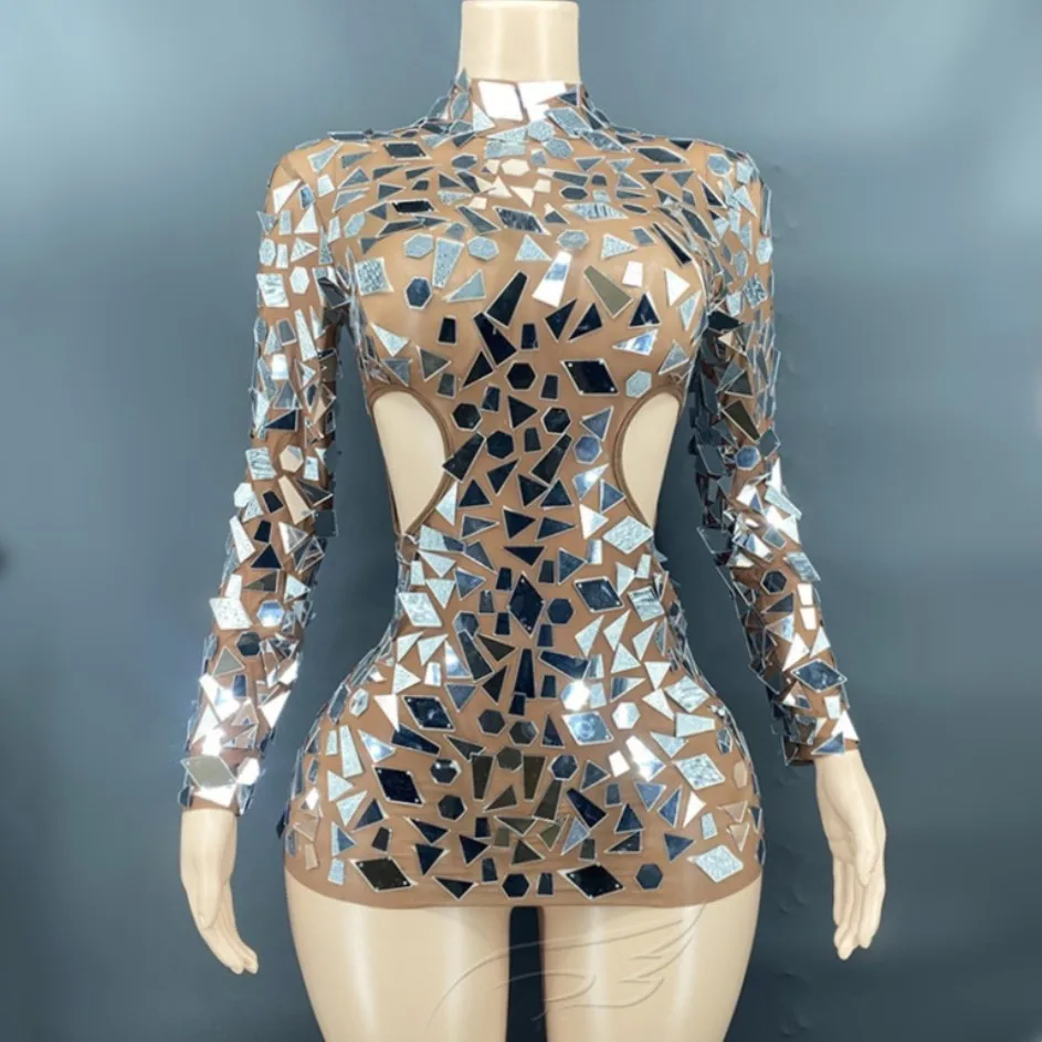 New Summer Women Long Sleeve Sexy Shinning Mirrors Bodycon Mini Dress See Through Sexy Nightclub Stage Wear Performance Costume