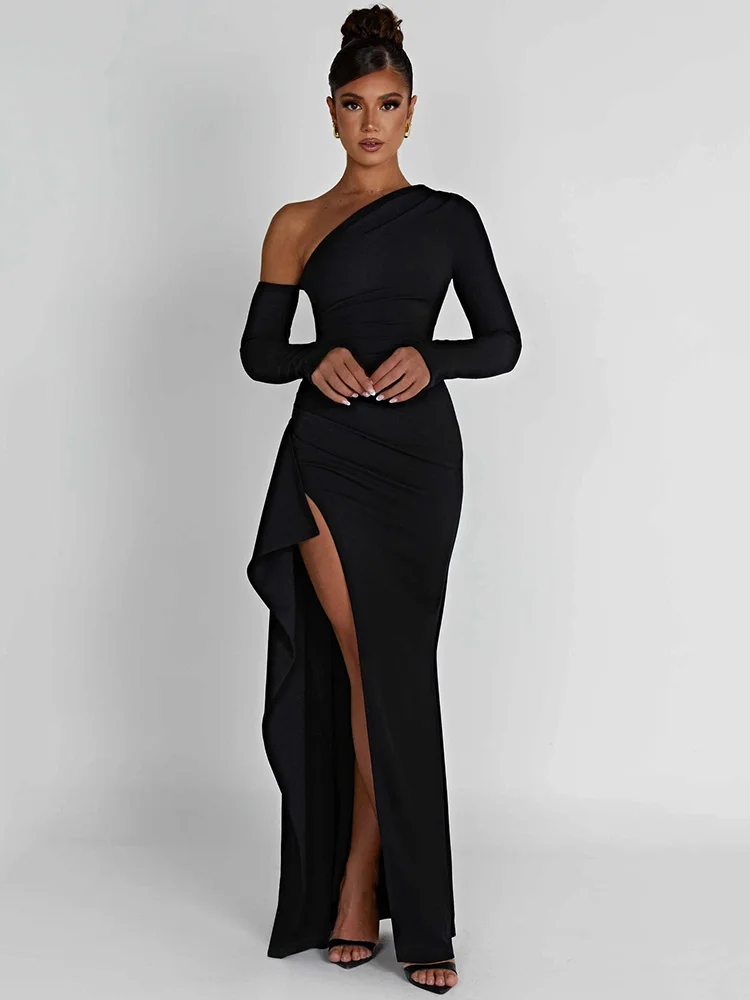 

RDMQ 2023 Oblique Shoulder Thigh High Split Maxi Dress Women Long Sleeve Backless Bodycon Sexy Club Party Long Dress Vestidos