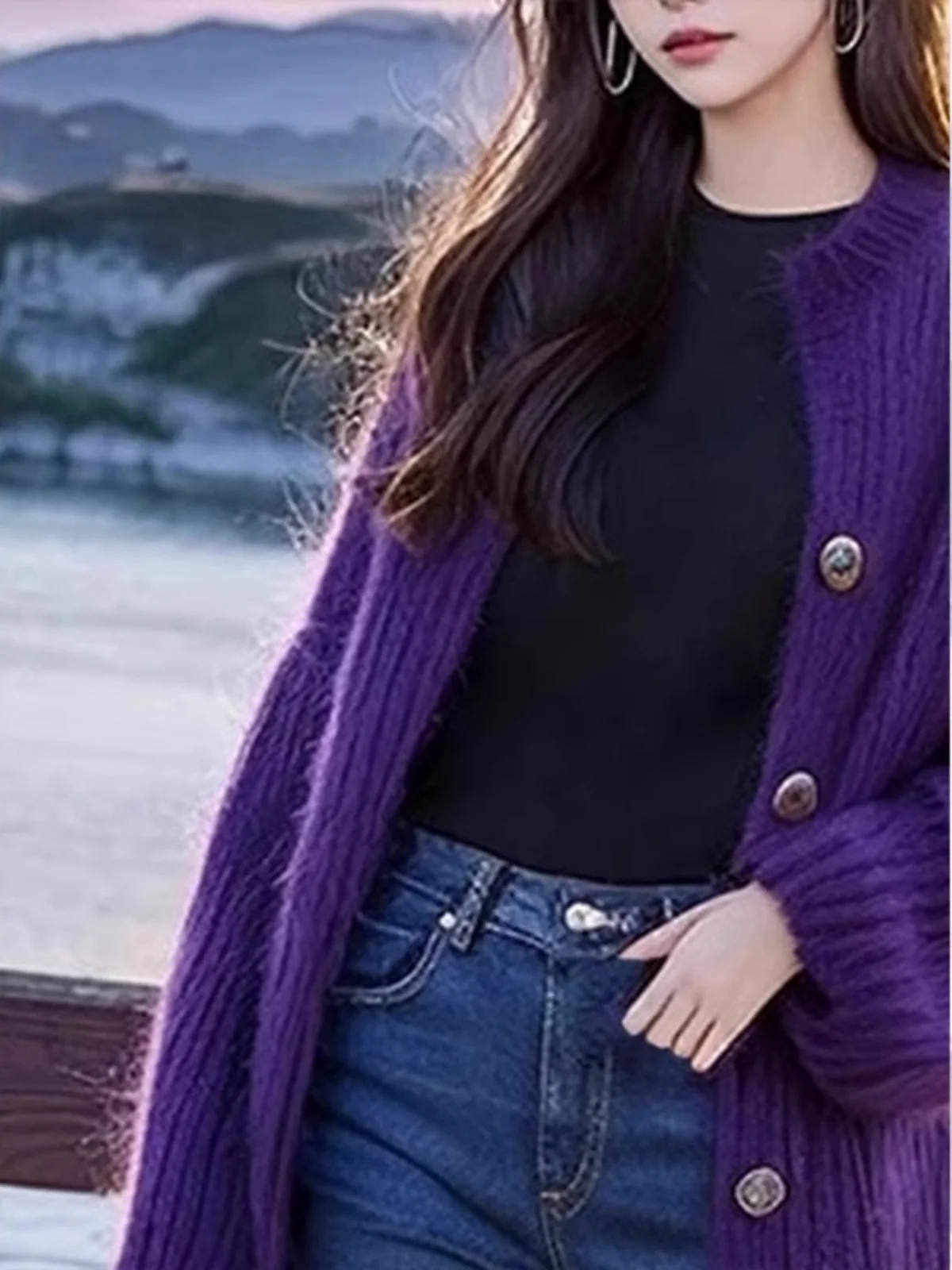 Темно-фиолетовый топ вязаный кардиган осень и зима 2024 мягкий клейкий свободный