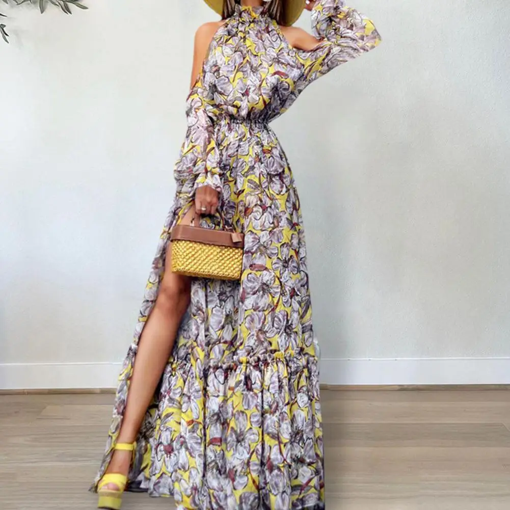 

Women Dress Ruffle Cuffs Lightweight Long Dress Women Casual Floral Print Stitching Hemline Dress for Party Party Dress