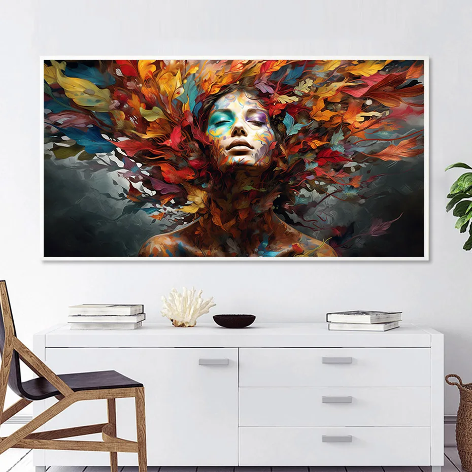 Красочные листья женский плакат большого размера настенное искусство холст