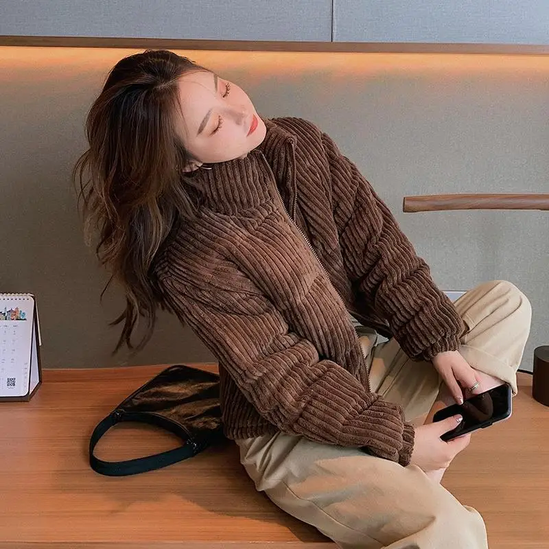 2022 Sweet Girl Pink Short Top Korea Chic Autumn  Winter Short Cotton-padded Jacket  Corduroy Thickened School To  Women