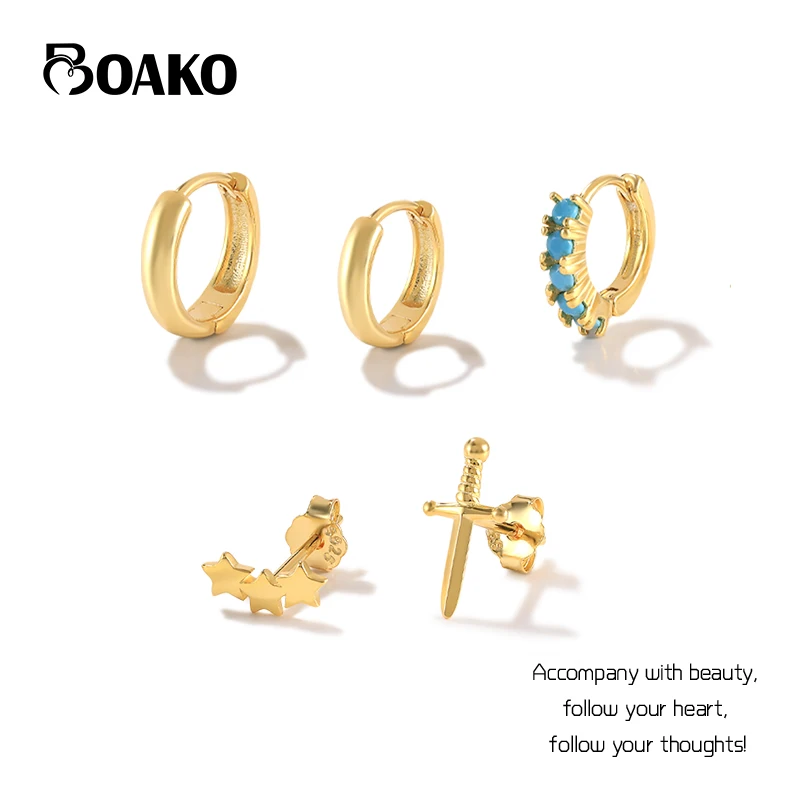 

BOAKO 925 Silver Piercing Turquoise Hoop Earring Set For Women Jewelry 18k Gold Stars Dagger Stud Earrings Aretes Boucle Brincos