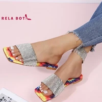 square head imitation leather women shoes 2022 summer flat slippers rhinestone print sole fashionable outdoor slippers for women
