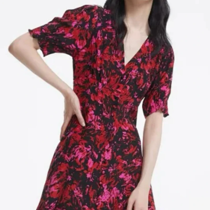 Spring and Summer New V-neck Puff Sleeves Red and Black Printed Elastic Waist Lace Mid-length Dress for Women