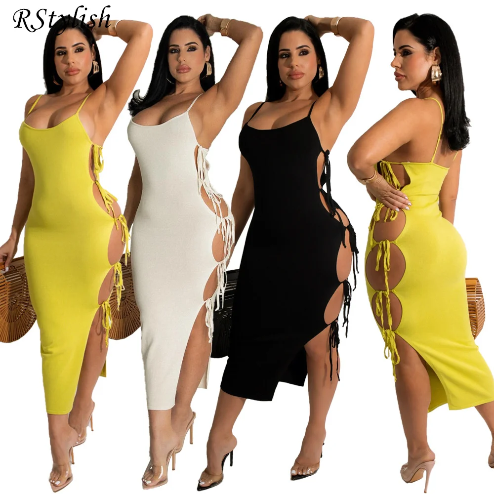 

RStylish Sexy Solid Color Side Cut Out Lace Up Bandage Maxi Dresses For Women 2022 Summer Clubwear Spaghetti Strap Bodycon Dress