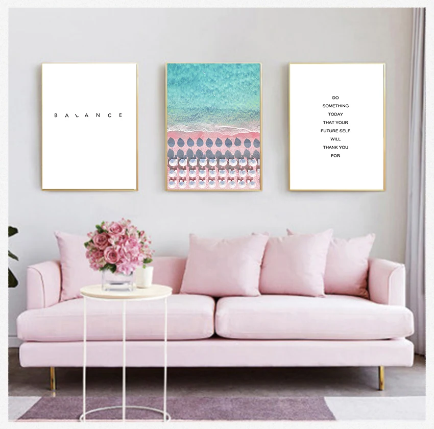 

Canvas Painting Nordic Posters And Prints Wall Pictures For Living Room Decor Coconut Palm Tree Pink Beach Sea Umbrella Wall Art