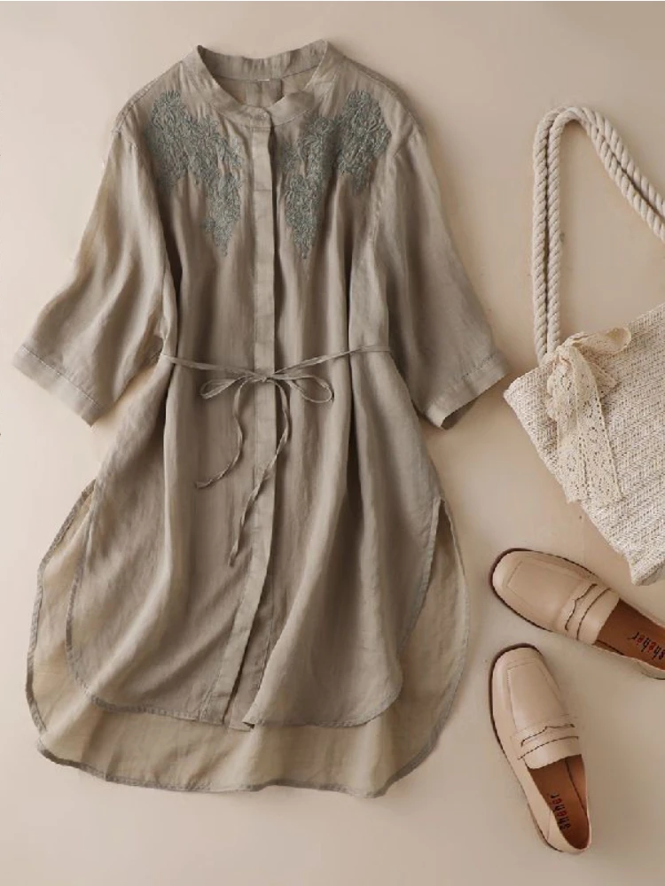 

Women T-shirts Summer Korean Fashion Short Sleeve Embroidered Cotton Linen Long Oversized T-shirt Lacing Vintage ClothesTop