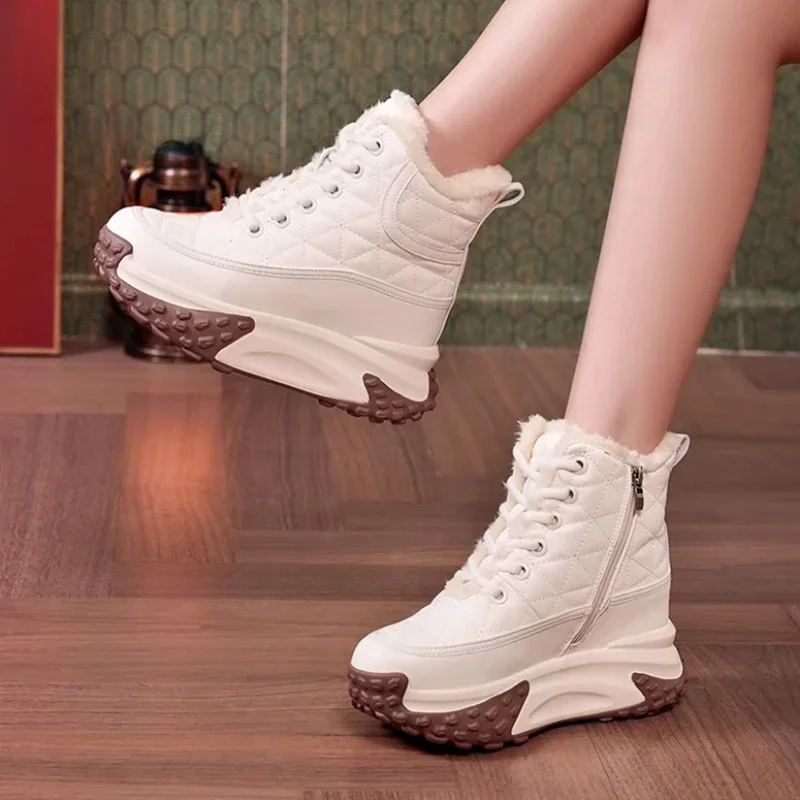 

Женские ботинки на шнуровке, черные Нескользящие ботинки на высокой платформе, с плюшевой подкладкой