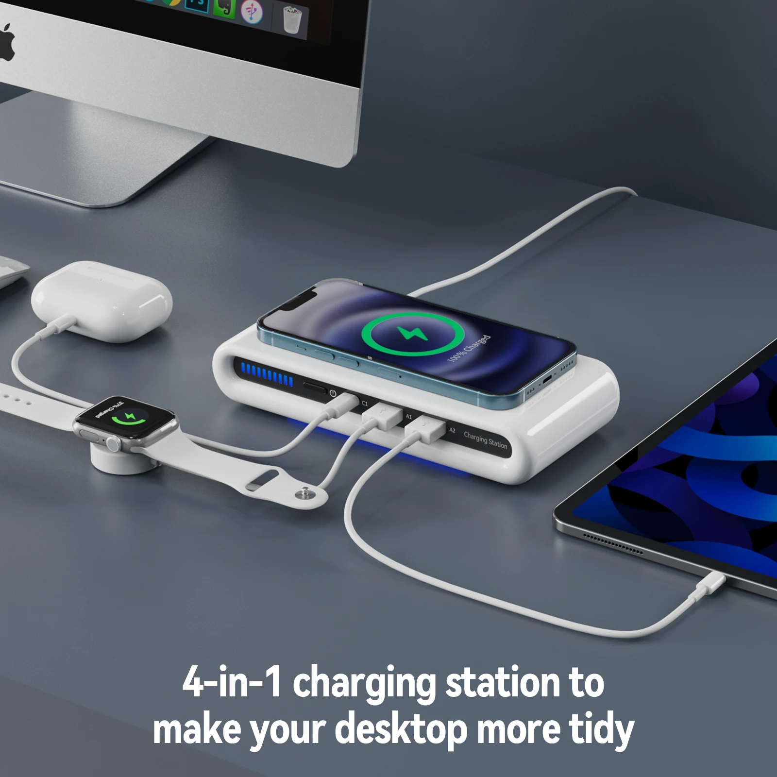 

30W Qi QC3.0 Wireless Charging Dock Multifunctional Base Fast Wireless Charger Stand 9V 3A 4 In 1 Station Pad Charger With LED