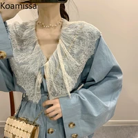 koamissa sweet women lace jeans dress long sleeves casual loose belted dresses lady kroean vestidos spring denim mini vestidos