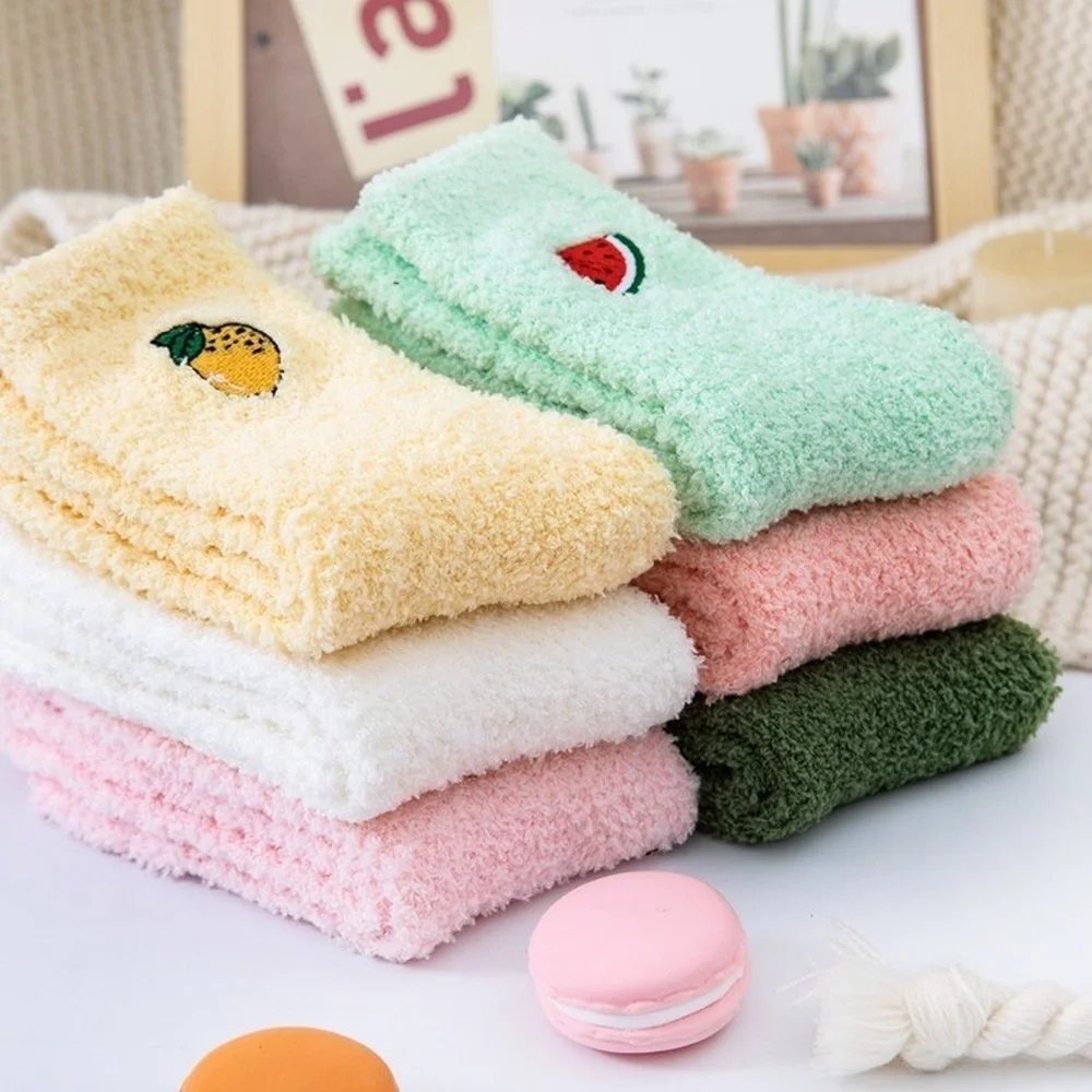 6 Pairs Pure Color Japanese Fruit Embroidery Coral Fleece Women Socks Fashion Candy Color Thickening Warm Sleeping Socks