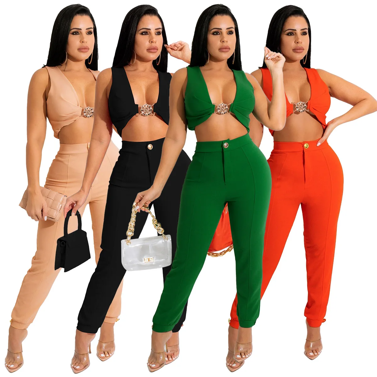 

Women's Summer Suits 2022 Solid Color Sexy Deep V Short Vest High Waist Pants Skinny Sleeveless Casual Knitted Two-piece Set