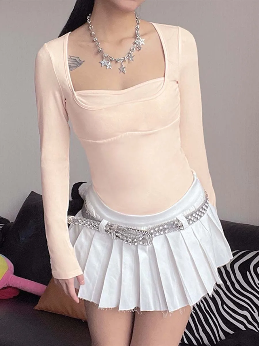 

Женский однотонный топ с длинным рукавом и квадратным вырезом