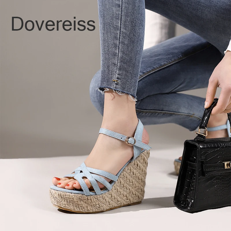 

2022 Summer Women New Fashion Sexy Consice Blue Beige Waterproof Wedges Party Shoes Narrow Band Sandals Big Size 44 45 46 47 48