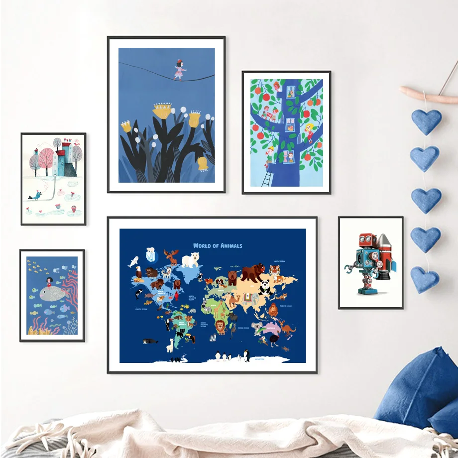 

Cartoon Tree House Flower Girl Fish Animal World Map Art Canvas Painting Nordic Posters Prints Wall Pictures For Kids Room Decor