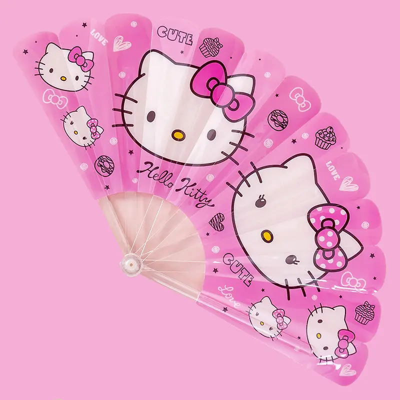 

Складной веер Hello Kitty, летний портативный складной веер с милым мультяшным рисунком, пластиковый веер для студенток с милым сердцем