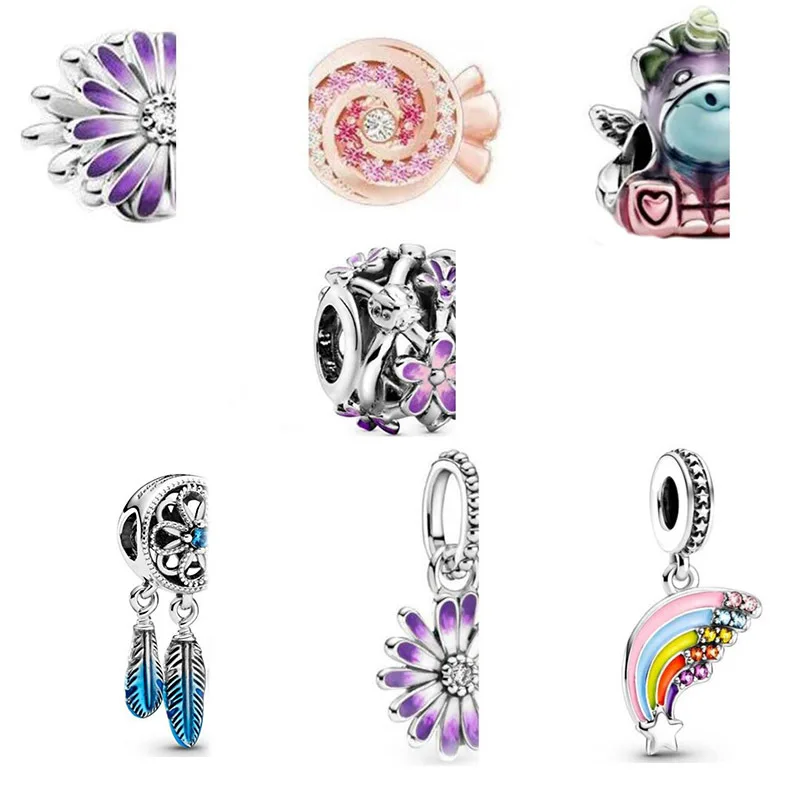 

100% Silver Color charms Dream Catcher Rainbow Unicorn Charms fit Original Pandora Beads Bracelet silver jewelr