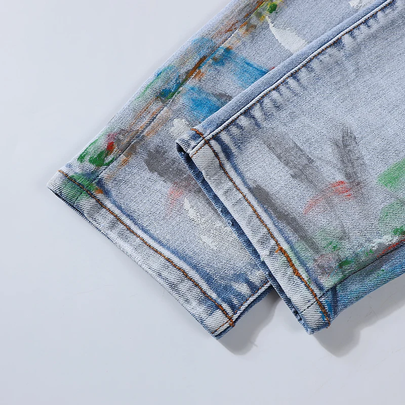 High Street Fashion Men Jeans Retro Light Blue Elastic Stretch Skinny Fit Ripped Jeans Men Painted Designer Hip Hop Brand Pants