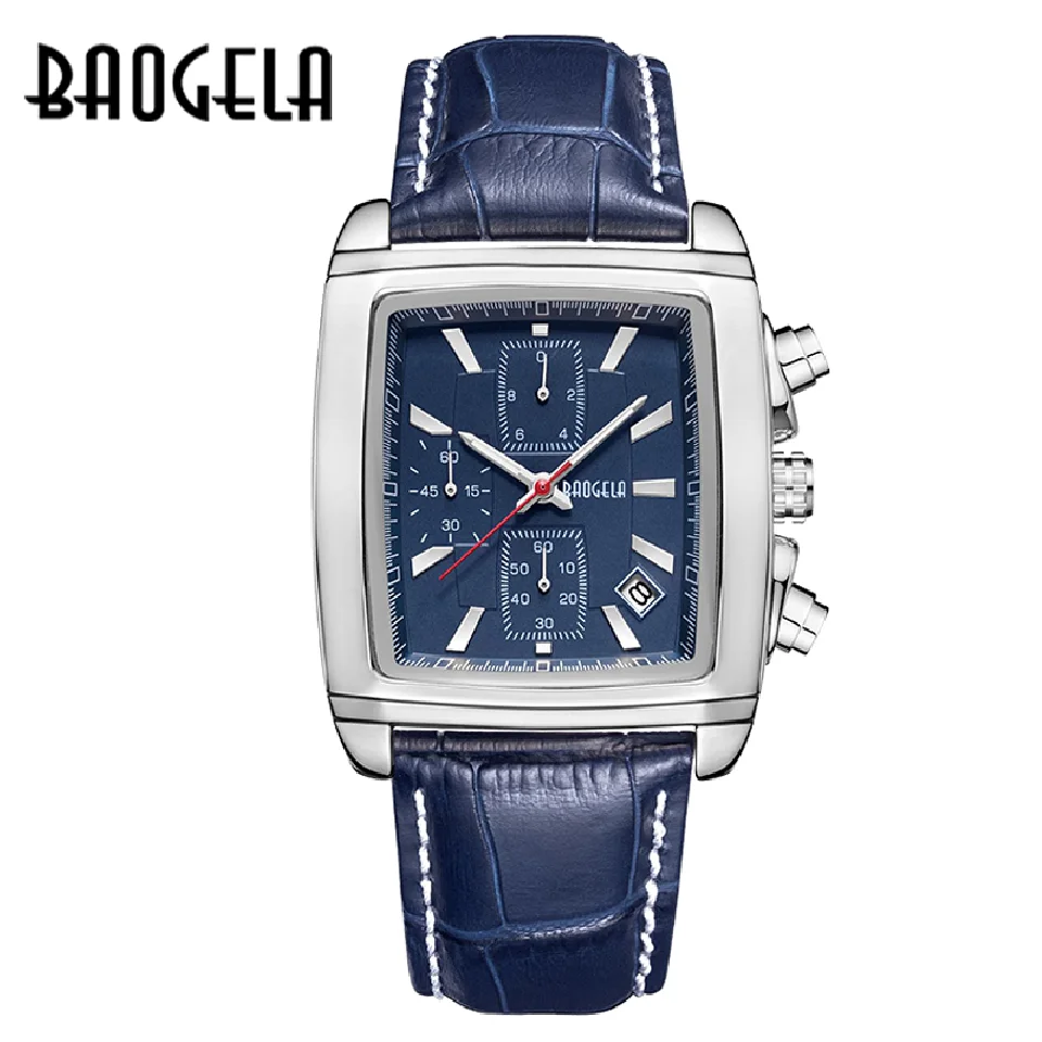 

Baogela new leisure brand square watch men's popular fashion sports watch men's Chronograph men's luminous calendar hour Leather