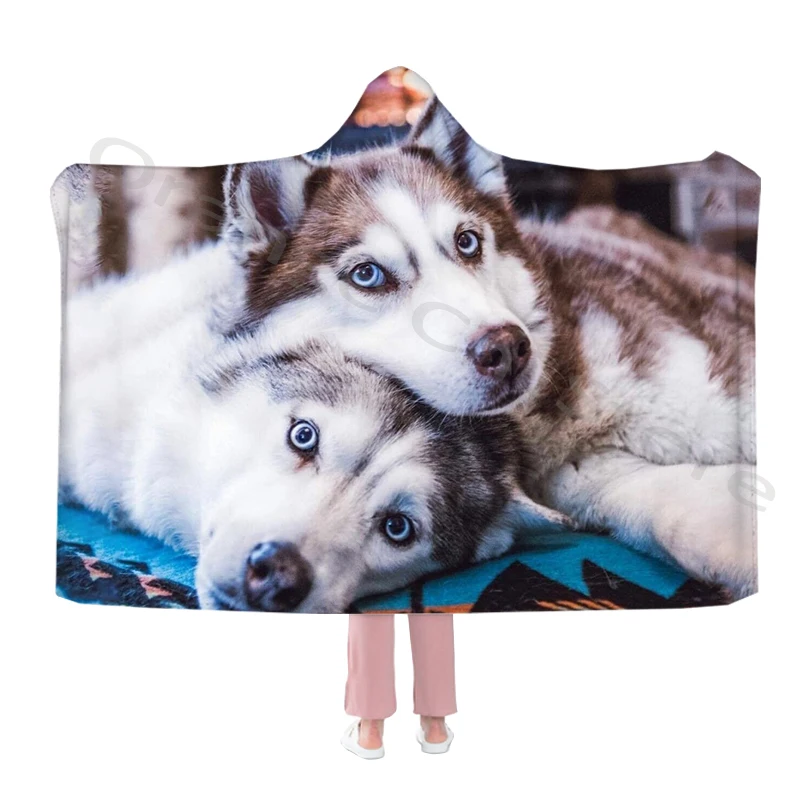 

Husky Dog Print Cool Hooded Blanket and Fancy Capes Warm and Soft Flannel Throws for Adults and Kids for All Seasons