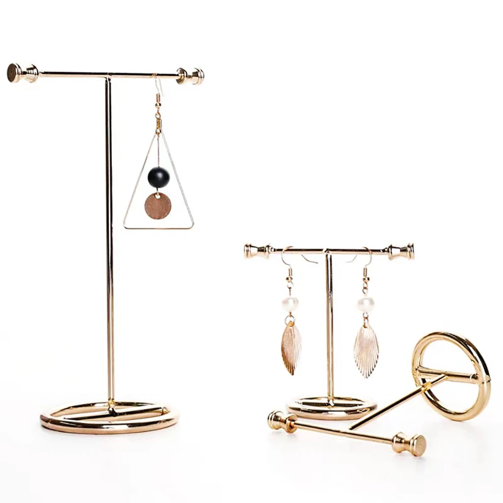 Newly Wooden/Metal Gold T-shaped Earrings Ring Necklace Watch Jewelry Shelf Jewelry Stand Counter Pendant Jewelry Display Stand